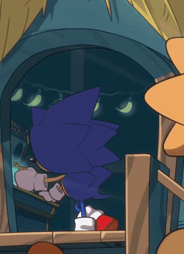 a cartoon drawing of sonic the hedgehog looking out of a window