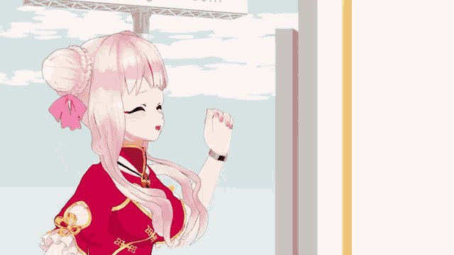 a girl with pink hair is standing in front of a billboard that says ' a ' on it