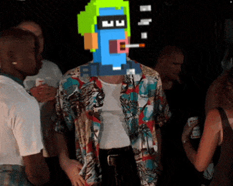 a man in a colorful shirt has a pixelated face on his face