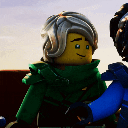 a close up of a lego character with a green jacket