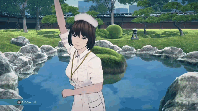 a woman in a nurse 's outfit is standing in front of a pond and a show ul button