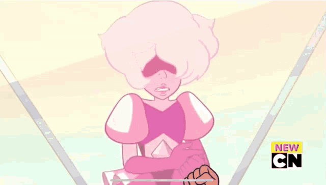 a cartoon character is standing in front of a wall of pink faces and the words new cn on the bottom right
