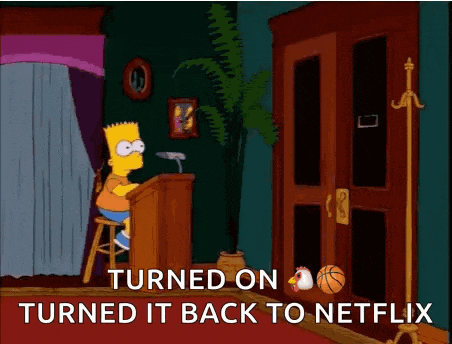 bart simpson is sitting at a podium in a room with the words turned on turned it back to netflix .