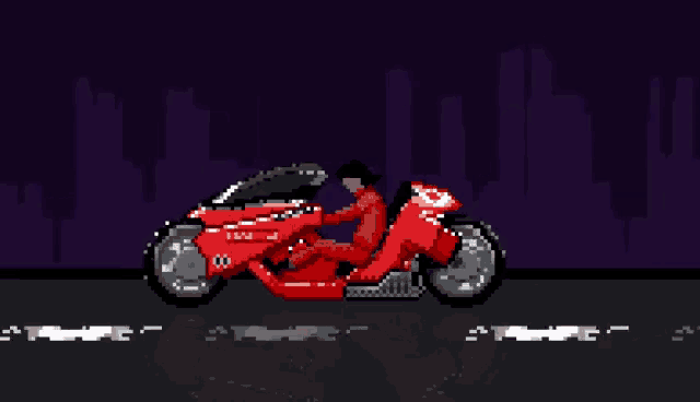 a pixel art of a man on a red motorcycle