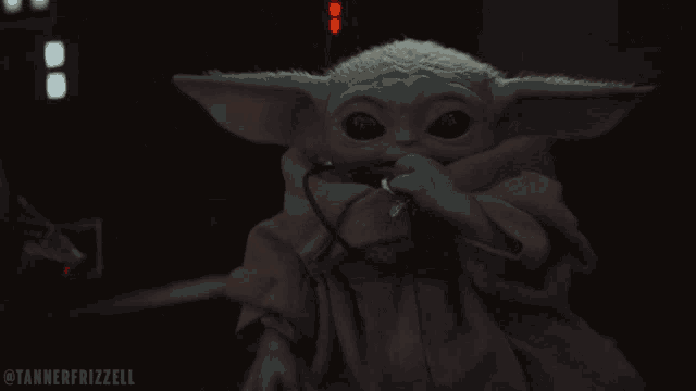 a close up of a baby yoda with the hashtag tannerfrizzell