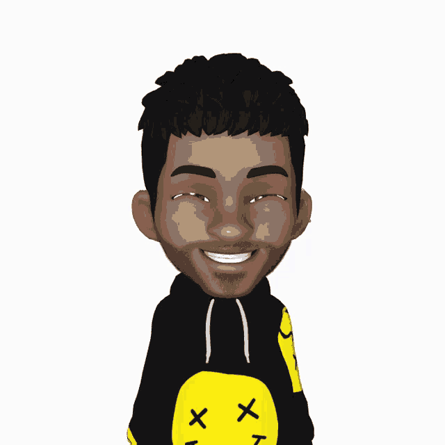 a man wearing a black hoodie with a yellow smiley face on the front