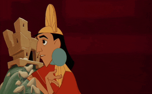 a cartoon character from the emperor 's new groove is standing next to a statue