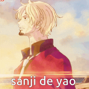 a man in a red jacket and tie is standing in front of a cloudy sky with the words sanji de yao above him .