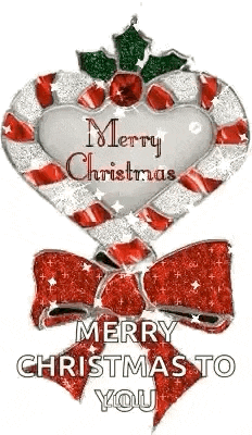 a merry christmas to you greeting card with a candy cane in the shape of a heart and a bow .