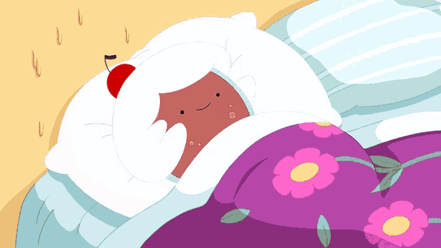 a cartoon character with a cherry on his head is laying in bed