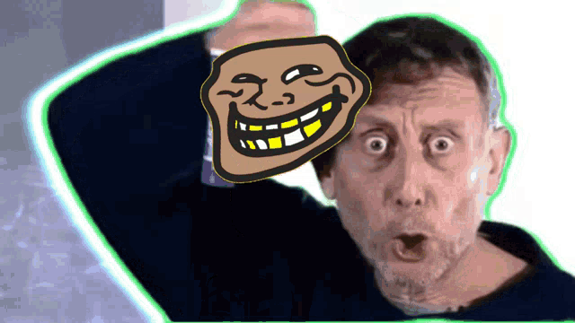 a man with a surprised look on his face has a troll face on his head