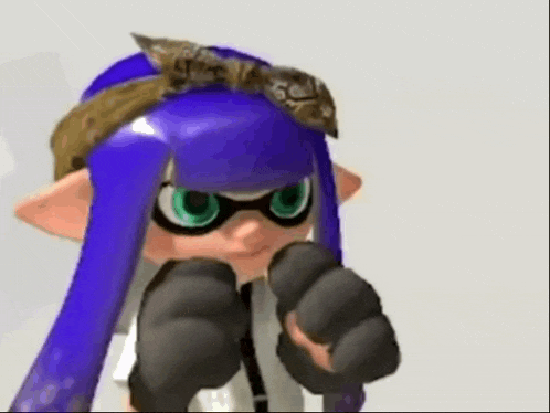 a cartoon character wearing a purple hat and goggles is holding a glove .