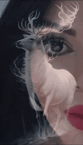 a painting of a woman 's face and a deer with antlers