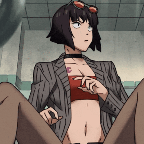 a cartoon character with a tattoo on her chest and a choker