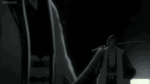 a black and white image of a man holding a sword with animepahe written in the corner