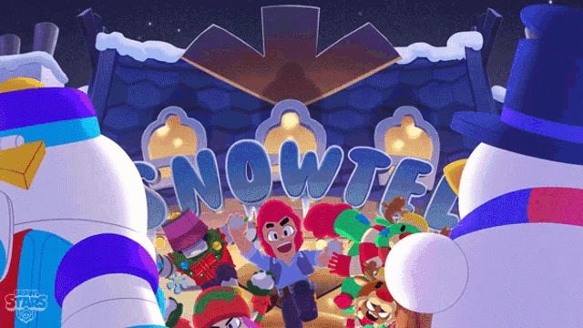 a group of snowmen are standing in front of a building that says nowtel