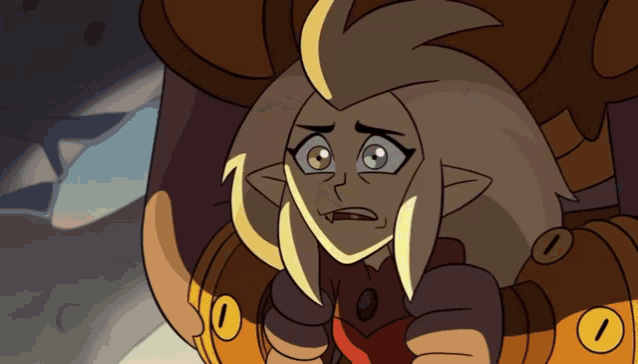 a close up of a cartoon character with a sad look on her face and the number 1 on her arm