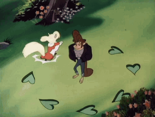 a cartoon of a man and a squirrel with hearts on the ground