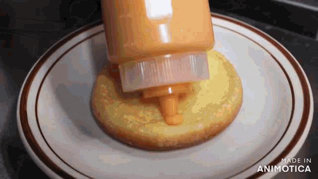 a bottle of ketchup is being poured on a sandwich on a plate that is made in animatica