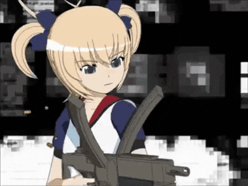 a girl with blonde hair is holding a rifle