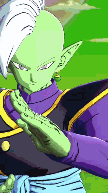 a cartoon character with a green head and purple sleeves