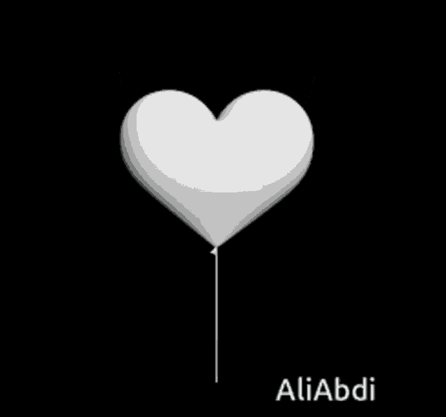 a white heart shaped balloon with the name aliabdi on the bottom right