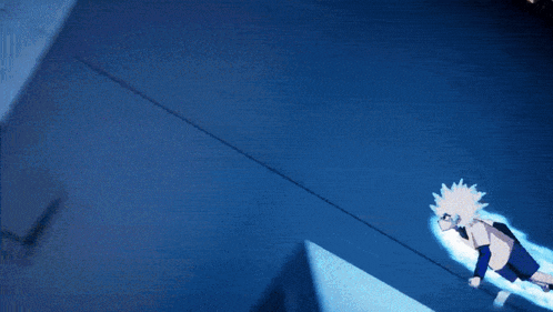 a cartoon character with white hair is flying through the air