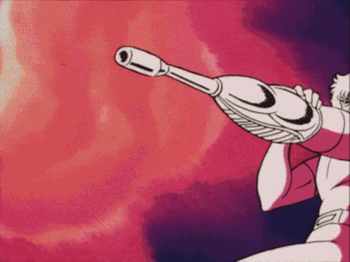 a cartoon character is holding a gun in front of a purple background
