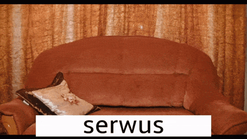 a couch with a pillow on it and a sign that says serwis