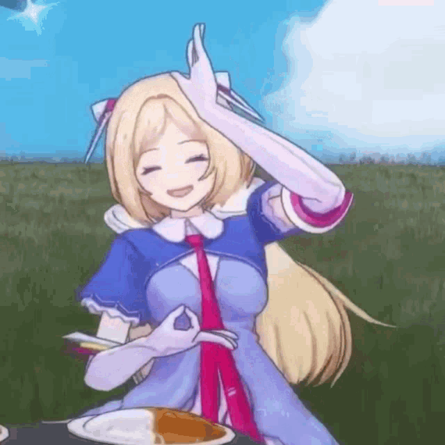 a blonde anime girl in a blue dress is sitting at a table with a plate of food in front of her .