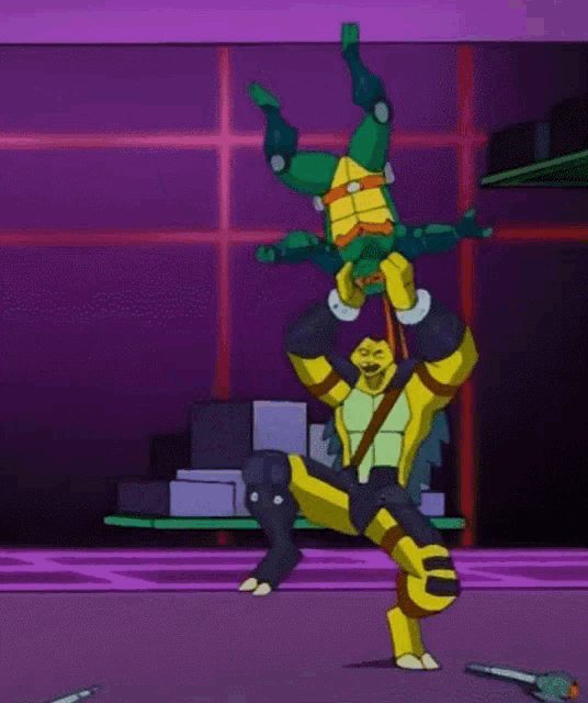 a cartoon turtle is holding another turtle upside down in the air