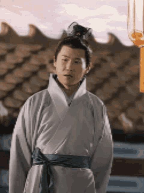 a man in a traditional costume is standing in front of a roof with a lantern .
