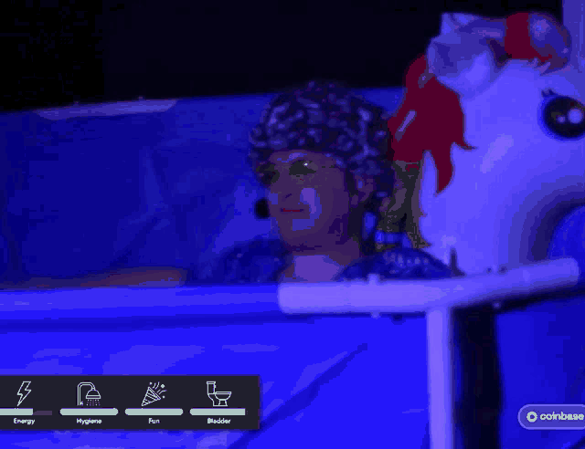 a man in a bathtub with a unicorn on his head and a coinbase logo in the corner