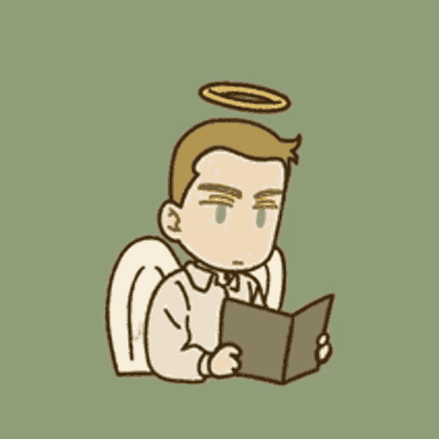 a cartoon of a man with angel wings reading a book