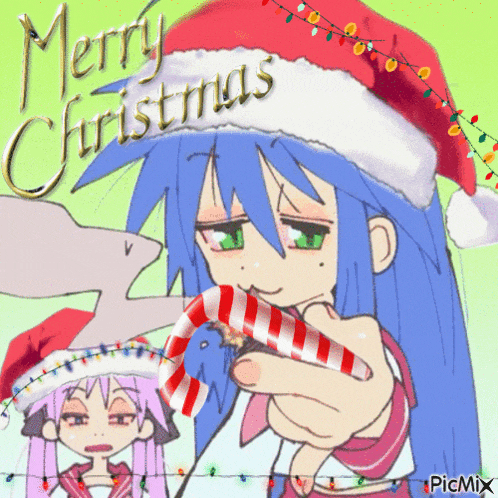 a picture of a girl holding a candy cane with merry christmas written above her