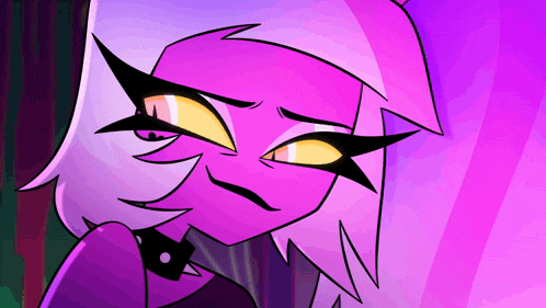 a cartoon character with purple hair and yellow eyes .