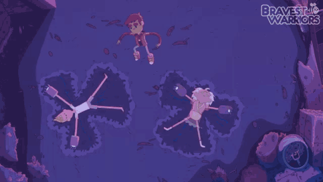 a video game called bravest warriors shows three people laying on the ground