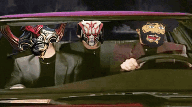 a man with a beard is driving a car with two other men in masks