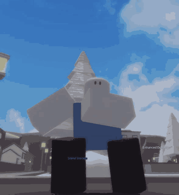a video game character is standing in front of a pyramid and a sign that says enhanced durability