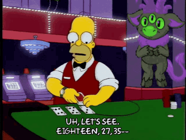 a cartoon of homer simpson playing poker with a monster in the background