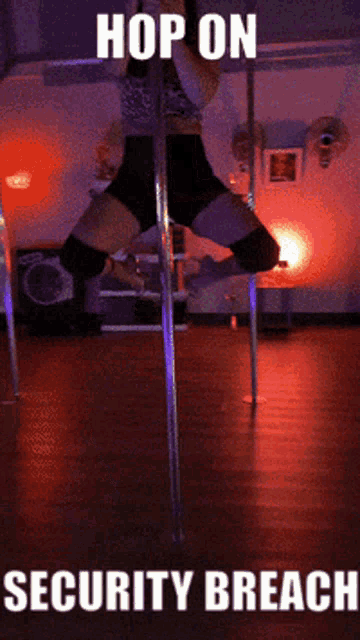 a picture of a pole dancer with the words hop on security breach below her