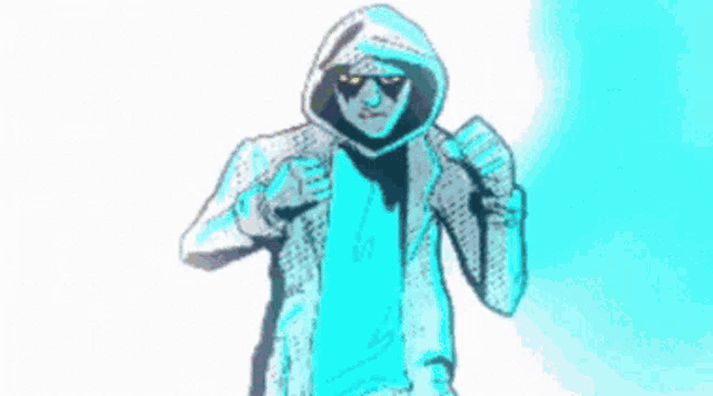 a man in a hoodie is standing in front of a red and blue background .