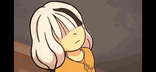 a cartoon of a girl with white hair and a yellow shirt is looking up .