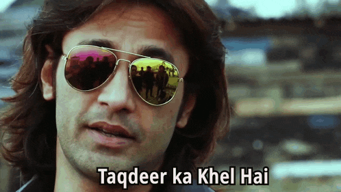 a man wearing sunglasses with the words taqdeer ka khel hai written below him
