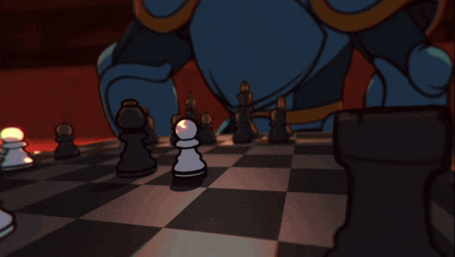 cuphead and a blue knight are playing chess