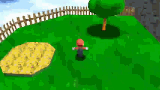 a video game character is standing in the grass near a fence
