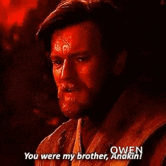 a man is crying and says `` you were my brother , anakin '' in a dark room .