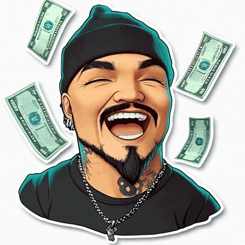 a cartoon of a man with a beard and a beanie surrounded by twenty dollar bills