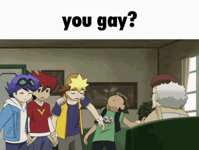 a group of young boys are standing in a living room with the words " you gay " on the top