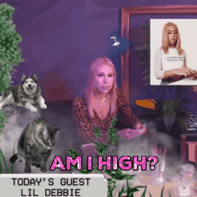 a woman sitting at a table with a sign that says am i high